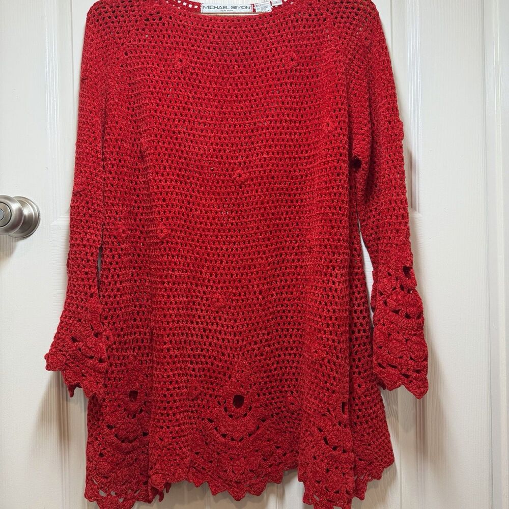 RARE VTG Michael Simon Red Velvety Popcorn Stitch Crochet Sweater Dress OS